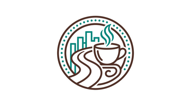 Road leading to city skyline with steaming coffee cup logo emblem