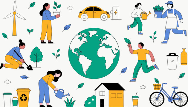 Flat vector illustration of environmental sustainability with people planting trees, recycling, renewable energy, electric vehicles, and eco-friendly lifestyle. Perfect for green campaigns, climate aw