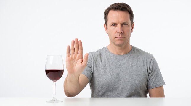 Alcohol Refusal Concept with a Mans Stop Gesture Promoting a Healthy Alcohol free Lifestyle