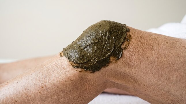 Herbal Mud Poultice Medical Clay Compress Applied on Senior Knee Joint