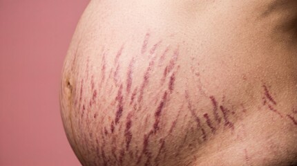 Naklejka premium Red Purple Stretch Marks Striae Rubrae Lines on Pregnant Woman Belly Skin