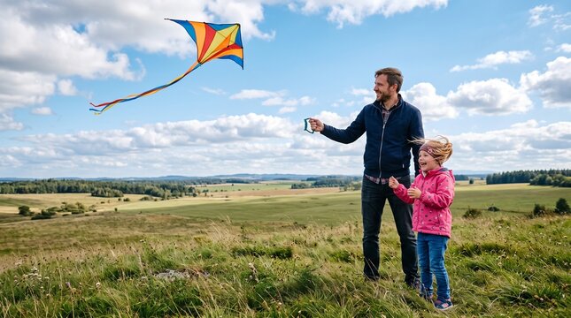 Father and Daughter Flying a Colorful Kite on a Sunny Day in a Grassy Field with Rolling Hills dia das crian&ccedil;as