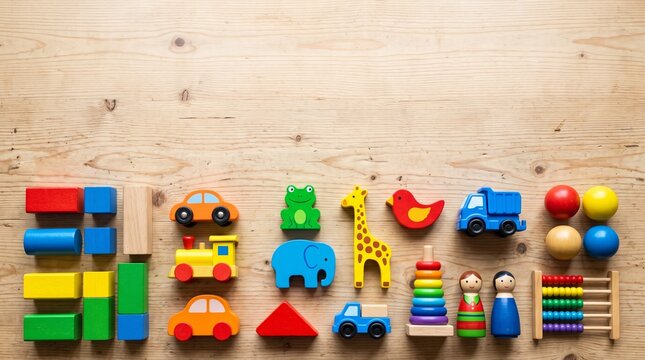 Colorful Wooden Toys Arranged on a Light Brown Wooden Surface with Copy Space dia das crian&ccedil;as