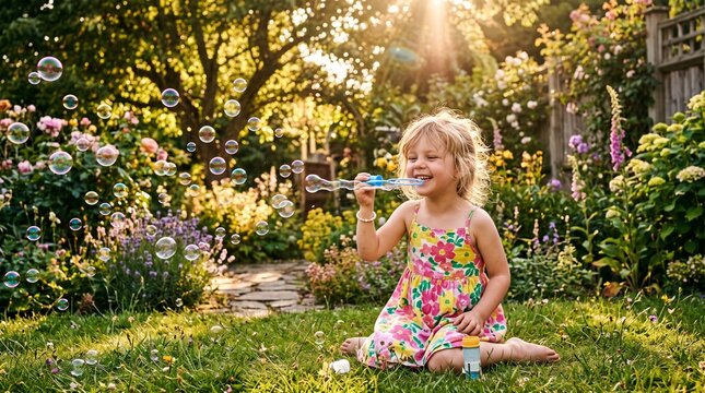 Joyful little girl blowing bubbles in a sunlit garden during summer vacation dia das crian&ccedil;as