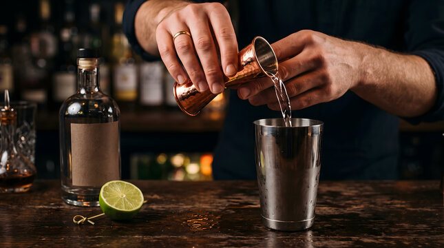 Bartender pouring liquid from jigger into shaker