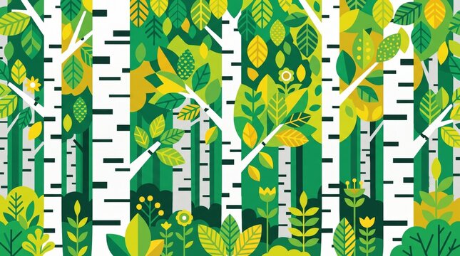 Russia patterns illustrated as a forest landscape with birch trees and geometric flowers, seamless
