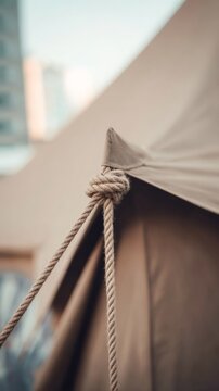 Close-up of taut triangular tent corner secured by rope.
