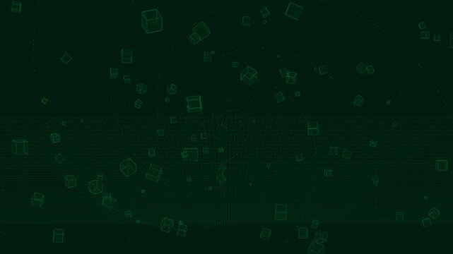 Abstract green tech background with floating 3D digital cubes, futuristic matrix technology motion graphic video loop