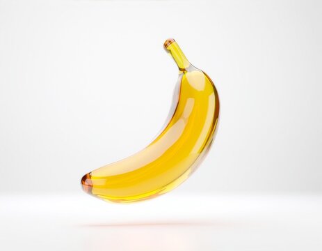 Glossy translucent yellow glass banana with smooth reflective highlights, centered on a clean white background with a soft shadow, ideal for modern food, design, and concept themes.