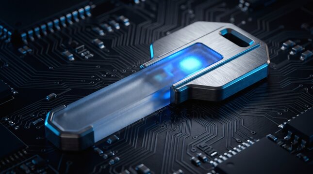 A glowing digital key on a circuit board as a core concept for cybersecurity, data encryption, and modern business infrastructure protection