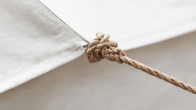 Close-up of taut triangular tent corner secured by rope.

