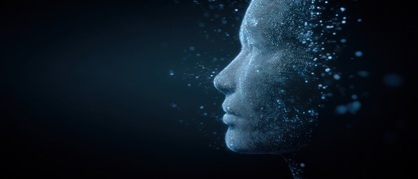 Digital face dissolving into water particles against dark background