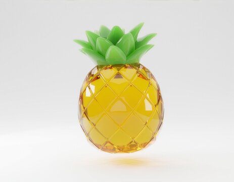 Glossy glass pineapple with a golden yellow faceted body and bright green leaves, centered on a clean white background with a polished, playful decorative style.