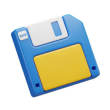 3d rendered image of a blue floppy disk with a yellow label and a sliding mechanism