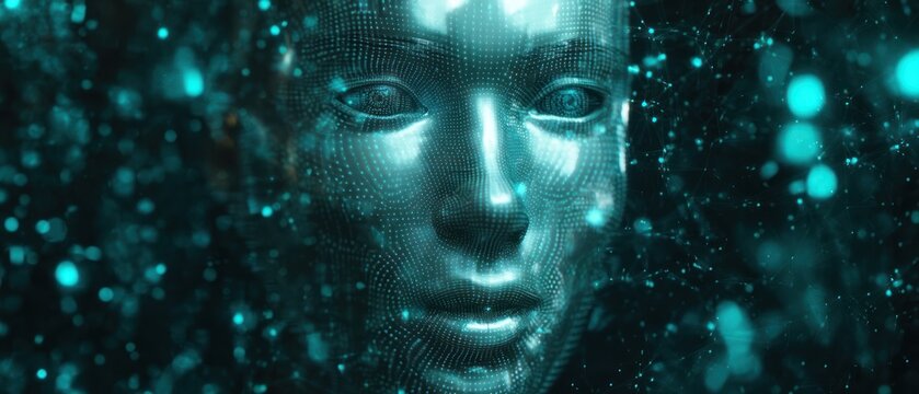 Futuristic metallic human face in digital network with glowing particles