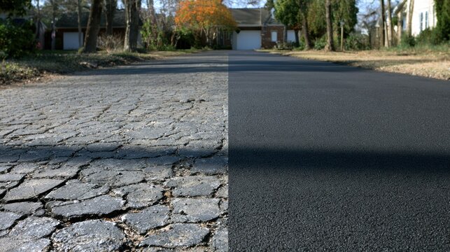 Split image cracked old asphalt driveway beside freshly paved surface