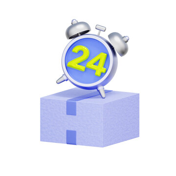 3D illustration of alarm clock showing 24 number on shipping box for same day delivery, 24/7 service, express shipping, fast order fulfillment, and logistics speed.