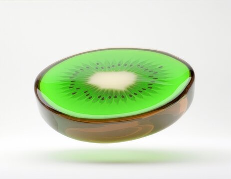 Glossy green kiwi slice with translucent flesh, dark seeds, and a brown rim, centered on a clean white background. Bright minimal composition suited for food, fresh, and decorative concepts.