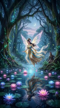 Fairy flying over a pond. Magical forest nymph with glowing wings in nature.