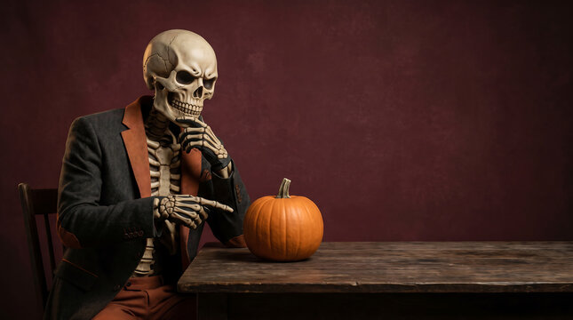 Playful skeleton in a thoughtful pose, pointing at a pumpkin, with a rich halloween background and copy space.