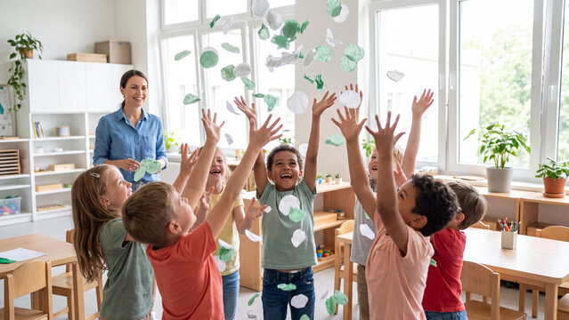 Schoolchildren and their teacher celebrate with excitement as they throw colorful paper confetti inside a bright and airy classroom setting.