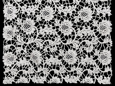 Vintage white guipure lace pattern vector illustration with floral scrollwork embroidery and openwork mesh on black background