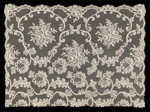 Vintage ivory floral lace pattern vector illustration with rose bouquet embroidery and scalloped border on dark background