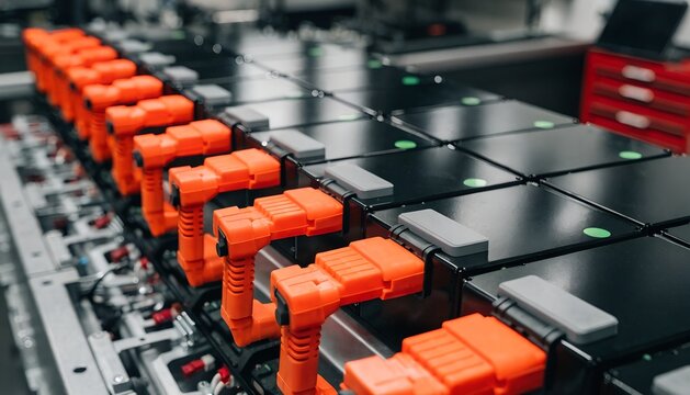 EV battery pack assembly: black modular cells, orange high-voltage connectors, green indicators, metallic frame. Industrial workshop bokeh. Electric vehicles, battery technology, sustainable transport