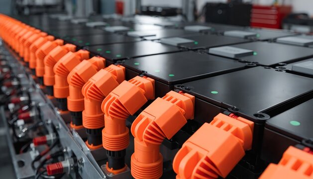 EV battery pack assembly: black modular cells, orange high-voltage connectors, green indicators, metallic frame. Industrial workshop bokeh. Electric vehicles, battery technology, sustainable transport