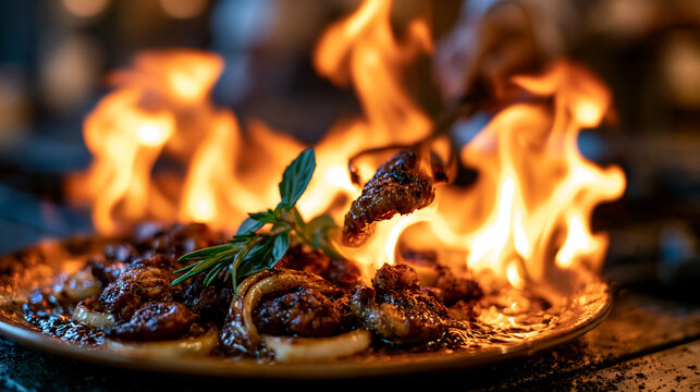 Flamb&eacute; meat dish cooking on open flame in kitchen with restaurant grilling preparation