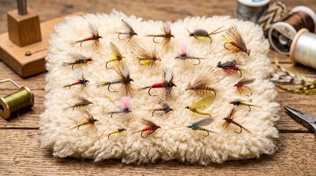 High angle full shot of hand tied fly fishing flies arranged on fleece patch over wooden workbench with tying materials, craft, angling, and fly tying concept