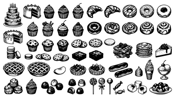Hand Drawn Dessert and Pastry Vintage Engraving Vector Collection