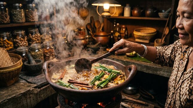 Eye-level full shot of senior Indonesian woman stirring steaming traditional jamu in clay pot with wooden ladle in rustic kitchen, authentic herbal brewing, traditional health, and cultural heritage