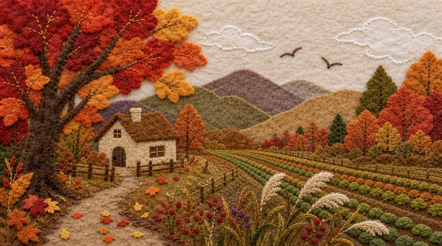 季節の風景。フェルトと刺繍で表現した秋の情景。紅葉した森の木々や秋の草花に包まれて。