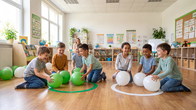 Children sit on the floor in a bright classroom to participate in a group activity involving colorful balloons and organized sorting games for early childhood development.