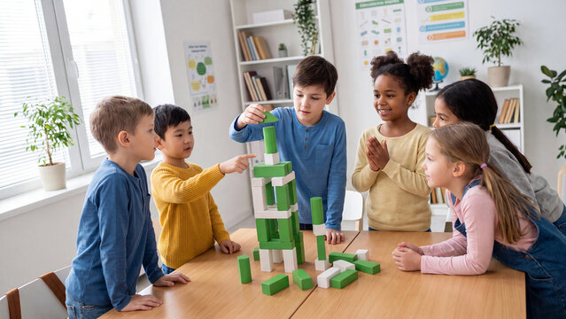 Group of diverse elementary students collaborates on building a tall structure using green and white wooden blocks on a large classroom table.