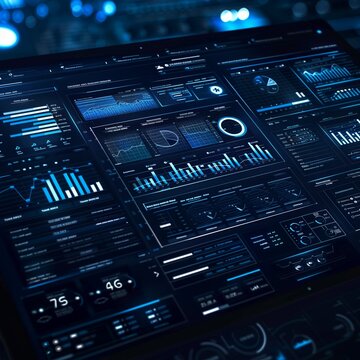 Futuristic dashboard UI background with data panels, blue tones, clean design, copy space.