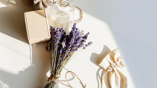 Lavender bundle zero waste still life with gift bag on white table