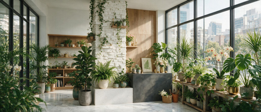 Plant shop interior with many potted plants and bright windows