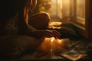 Woman touching crystals in dark cozy room peaceful evening ritual © whitehoune