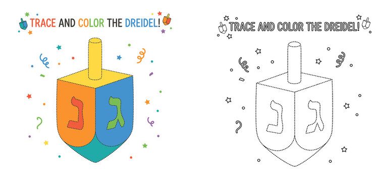 Hanukkah Dreidel Trace and Color Activity Worksheet for Kids, Preschool Educational Printable Coloring Page Vector Illustration