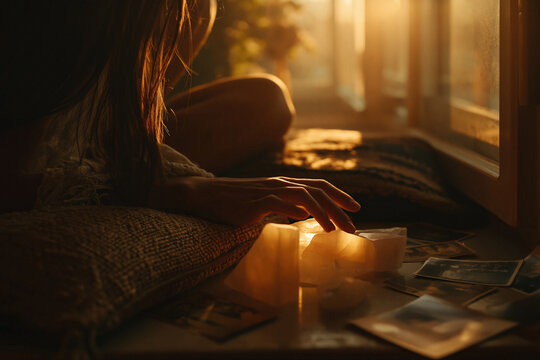 Woman touching crystals in dark cozy room peaceful evening ritual