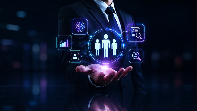 Human Resources Management and Talent Acquisition System with Digital Icons and Analytics