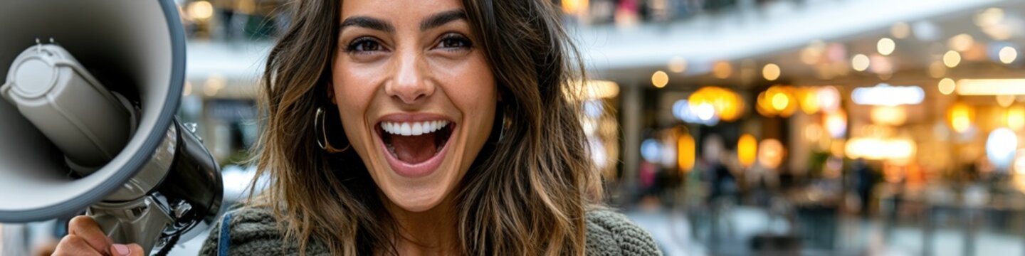 Retail marketing banner featuring trendy girl expressing explosive joy holding megaphone to announce flash sale in luxury shopping mall.