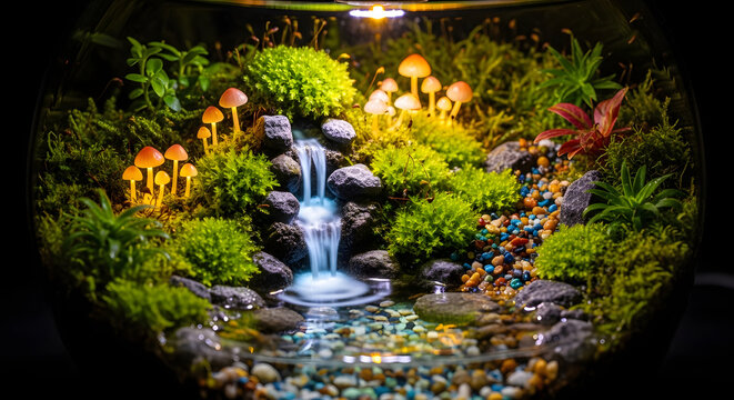 A magical miniature world within a glass bowl, featuring a tiny waterfall, glowing mushrooms, lush moss, and colorful pebbles.