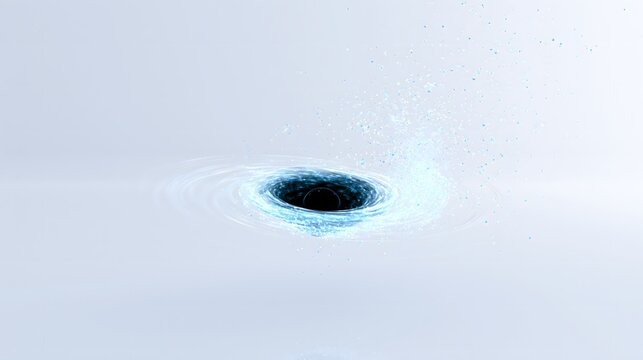 Conceptual 3D vortex with glowing blue particles on white background with copy space