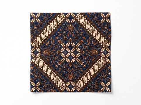 Traditional Indonesian Batik Pattern with Intricate Floral Motifs on a Dark Blue Background, Square Textile Design