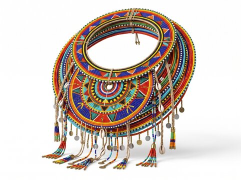 Traditional African Beaded Collar Necklace with Vibrant Geometric Patterns and Tribal Pendants for Cultural Costume