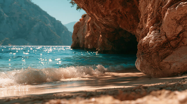 Sparkling tropical beach cove with sea waves and rock formations tropical landscape