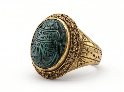 Ancient Egyptian Golden Scarab Ring with Carved Turquoise Stone Beetle and Engraved Hieroglyphs Isolated on White Background